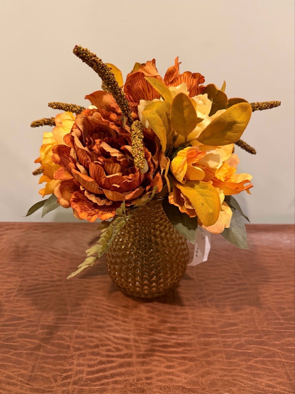 Autumn Faux Flower Arrangement in Amber Vase NWT